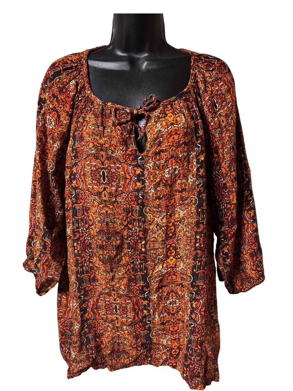 Relativity Burnt Orange Multi Paisley Tie-Neck Blouse